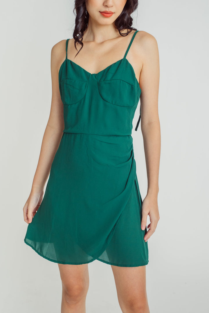 Nichelle Green Shaped Bust Sleeveless Self-Tie Strap Overlap Skirt Mini Dress