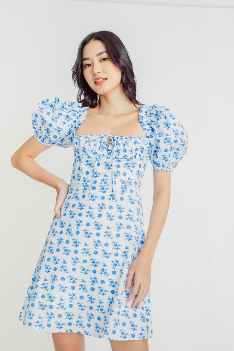 Rochelle Blue Floral Print Square Neck Ruched Bow Bust Short Sleeves Mini Dress