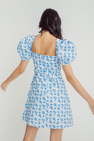 Rochelle Blue Floral Print Square Neck Ruched Bow Bust Short Sleeves Mini Dress