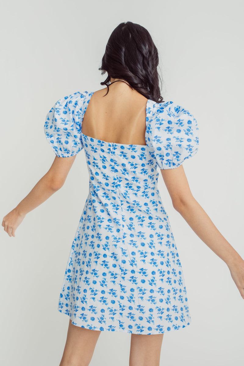 Rochelle Blue Floral Print Square Neck Ruched Bow Bust Short Sleeves Mini Dress