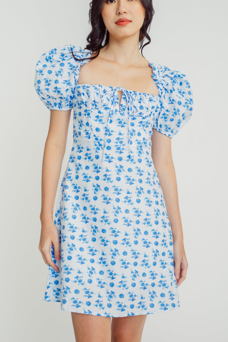 Rochelle Blue Floral Print Square Neck Ruched Bow Bust Short Sleeves Mini Dress