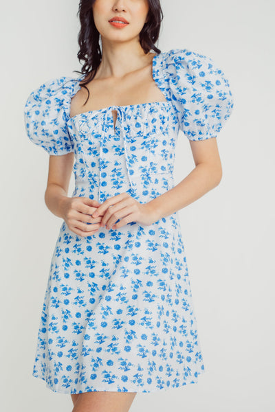 Rochelle Blue Floral Print Square Neck Ruched Bow Bust Short Sleeves Mini Dress
