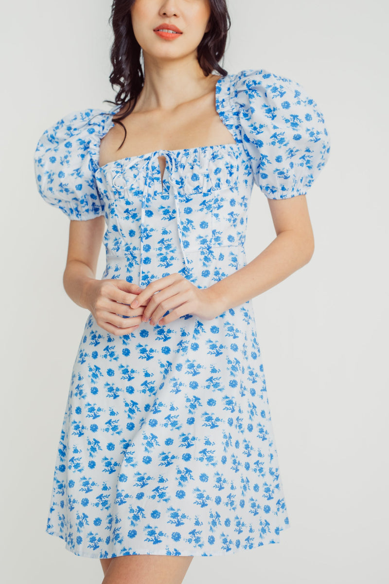 Rochelle Blue Floral Print Square Neck Ruched Bow Bust Short Sleeves Mini Dress
