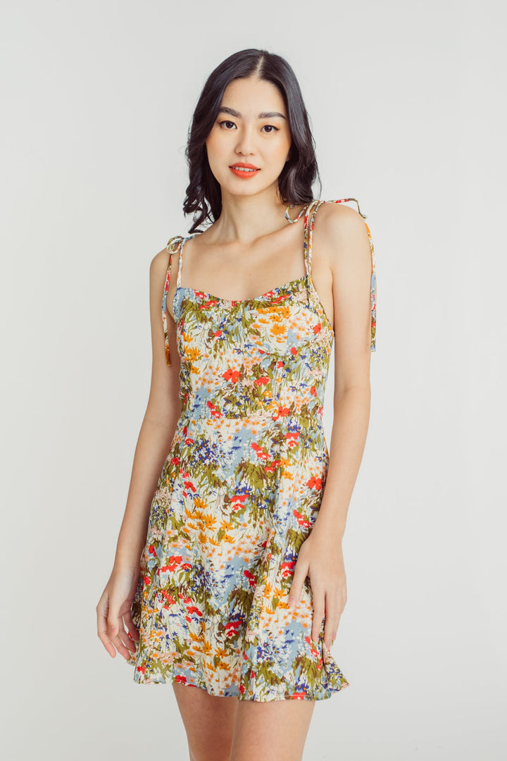 Sunny Multicolor Floral Print Sleeveless Self Tie Mini Dress