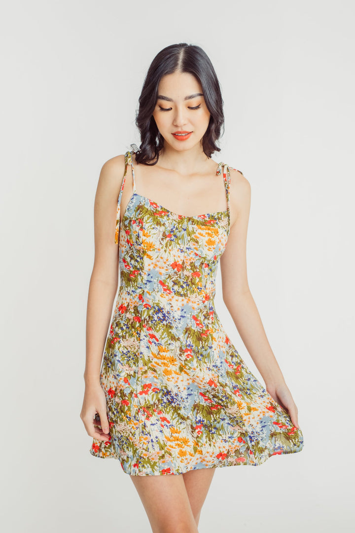 Sunny Multicolor Floral Print Sleeveless Self Tie Mini Dress