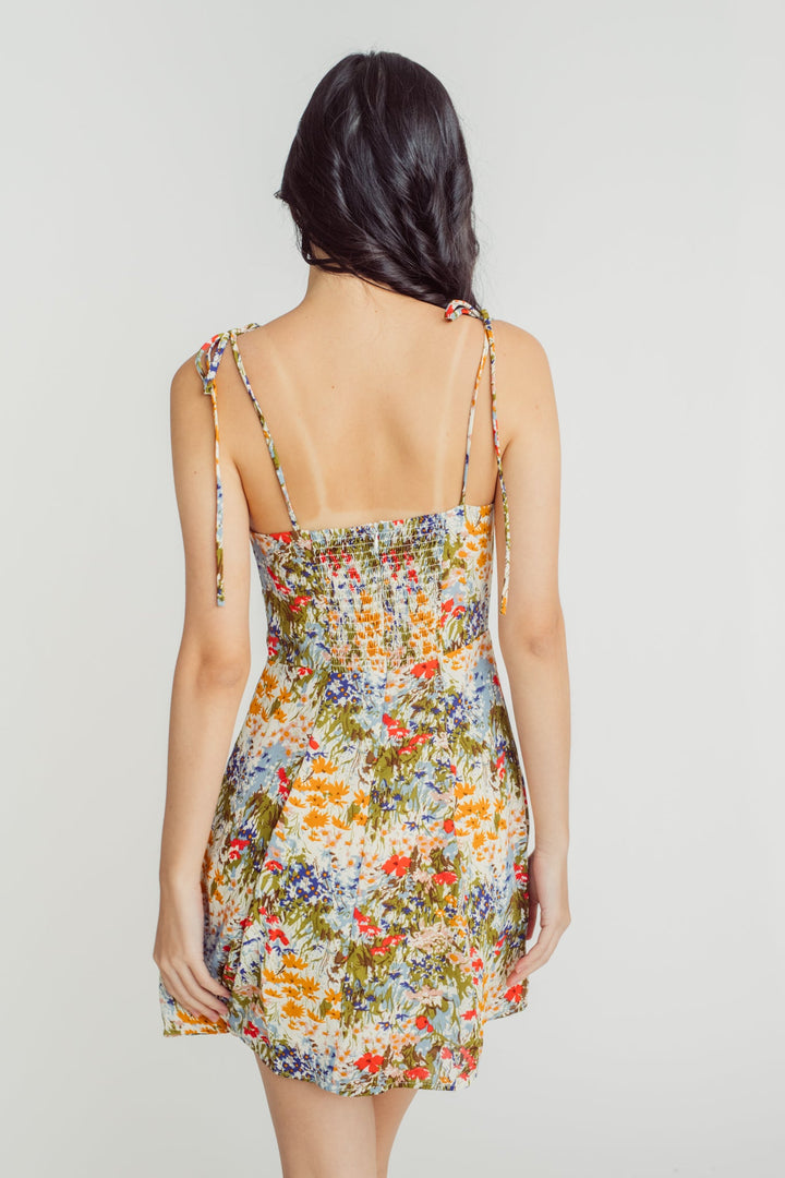 Sunny Multicolor Floral Print Sleeveless Self Tie Mini Dress