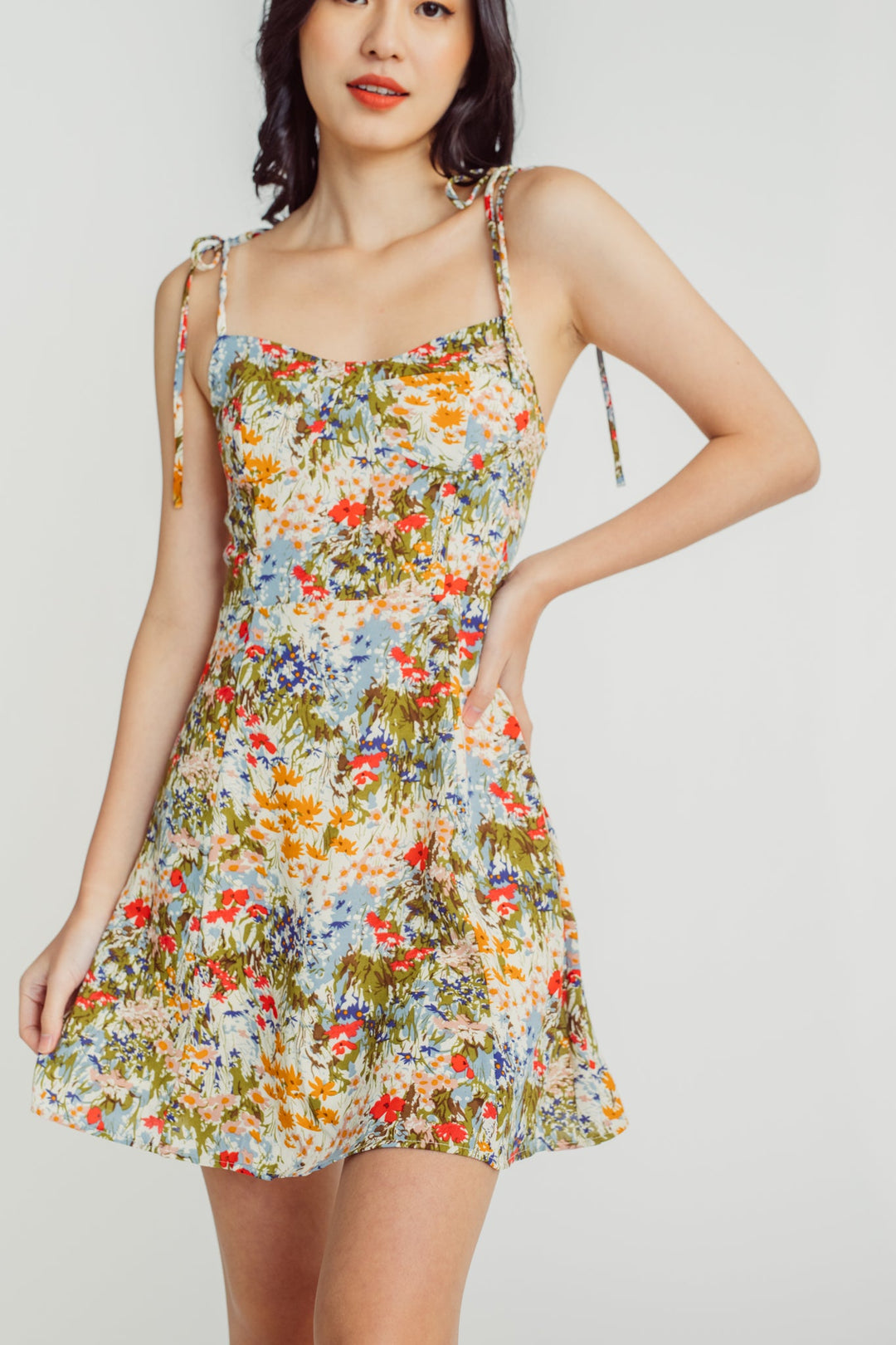 Sunny Multicolor Floral Print Sleeveless Self Tie Mini Dress