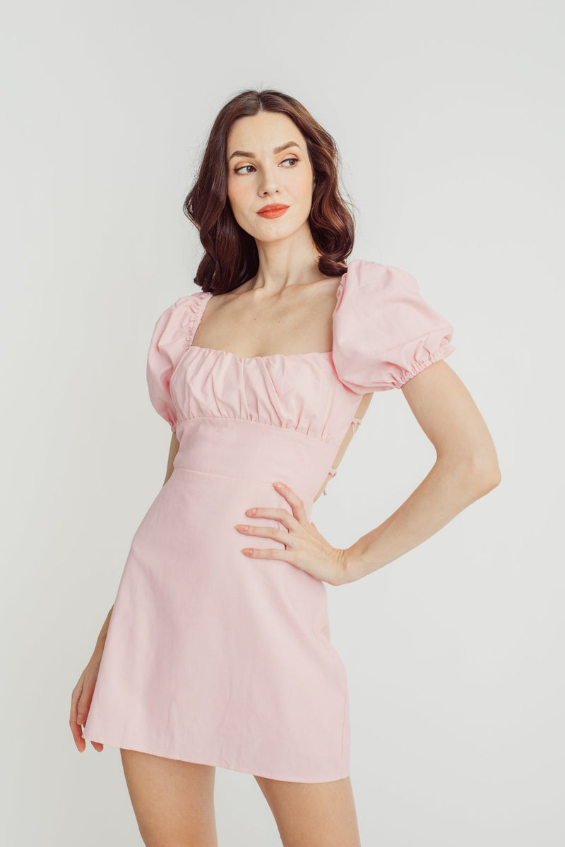 Faye Pink Square Neck Ruched Bust Short Sleeves Crisscross Back Mini Dress