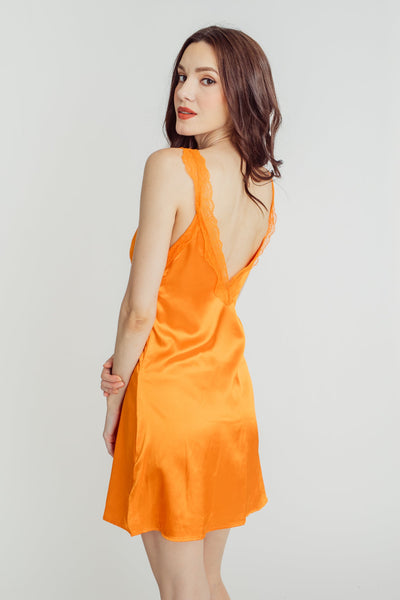 Lorina Orange Silk V Neck Tie Bust Sleeveless Lace Strap Mini Dress