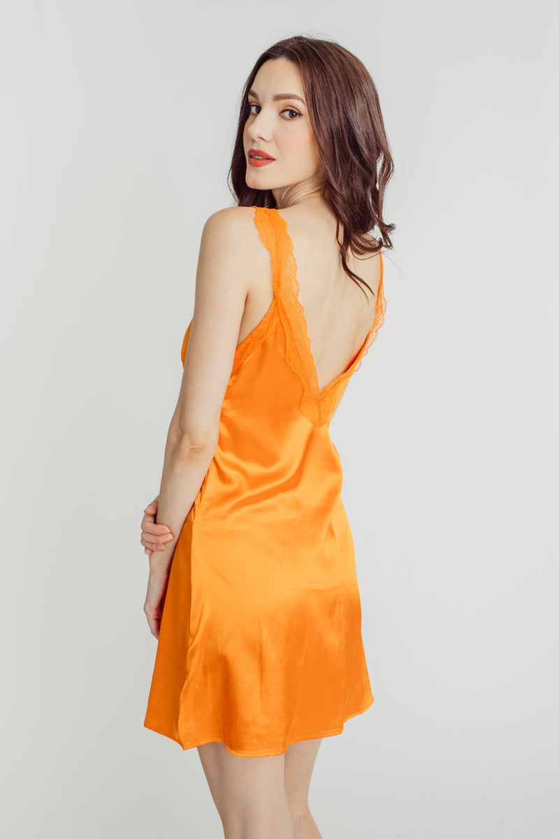 Lorina Orange Silk V Neck Tie Bust Sleeveless Lace Strap Mini Dress