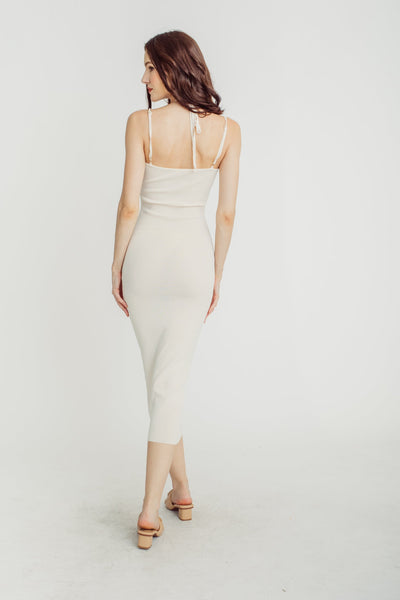 Florine Beige Sleeveless with Neck Self Tie Strap Bodycon Midi Dress