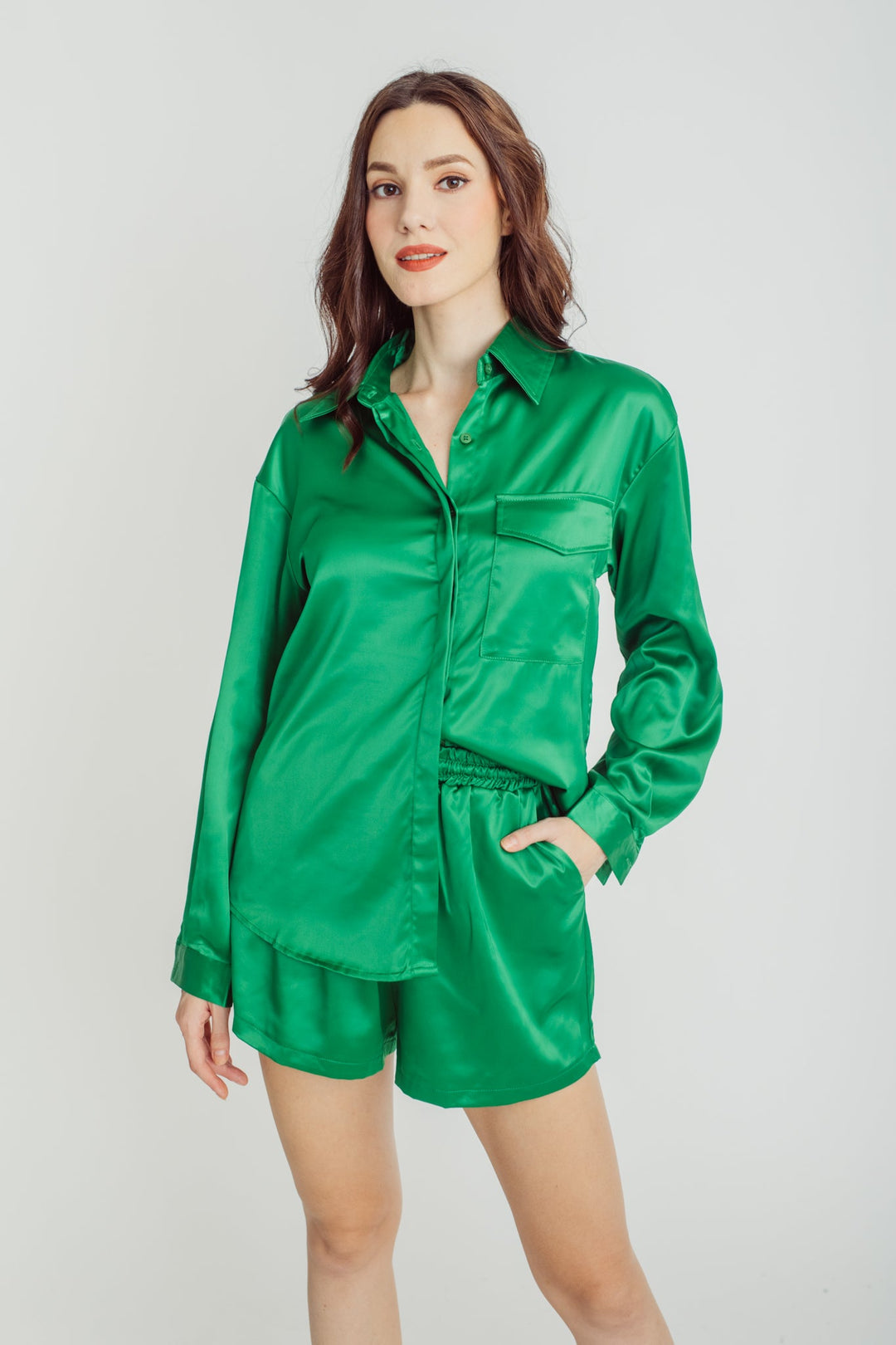 Somi Green Turn Down Collar Buttondown Long Sleeves Top