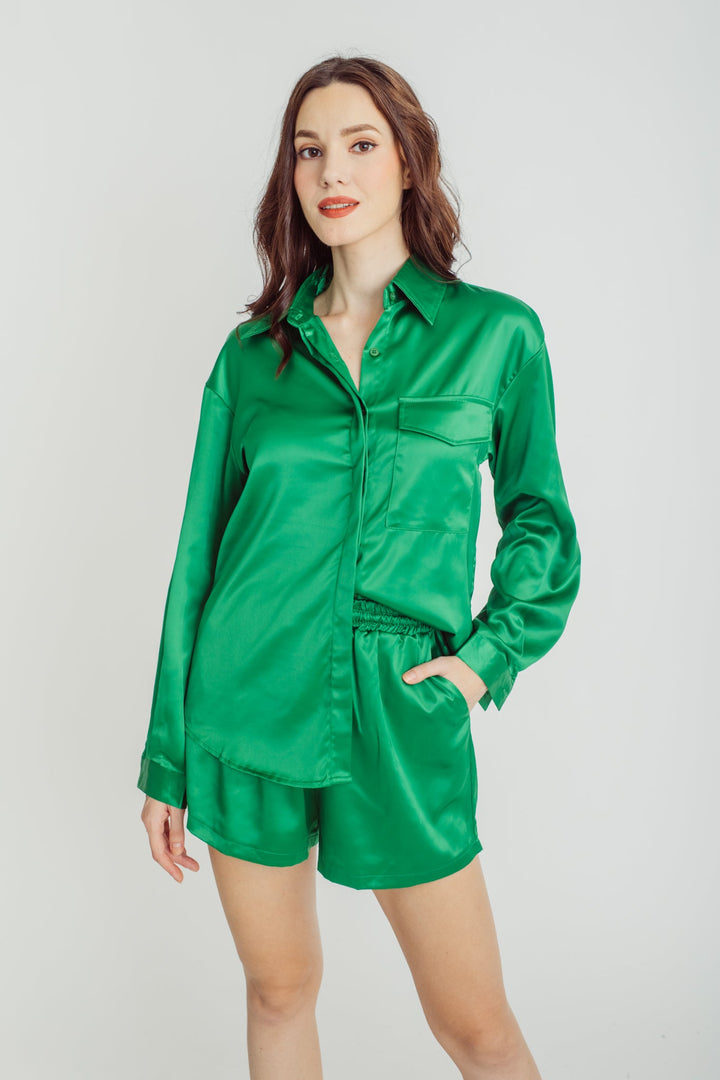 Somi Green Turn Down Collar Buttondown Long Sleeves Top