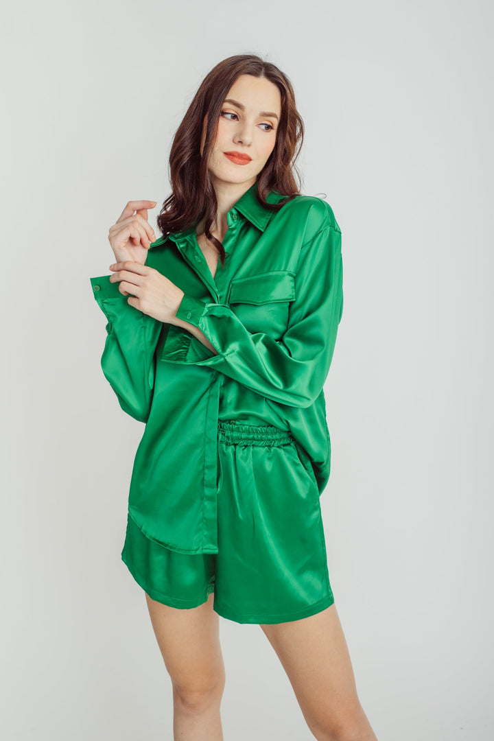 Somi Green Turn Down Collar Buttondown Long Sleeves Top
