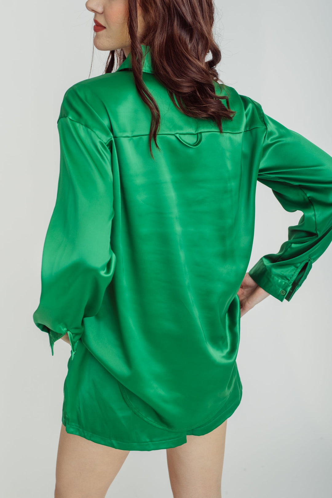 Somi Green Turn Down Collar Buttondown Long Sleeves Top