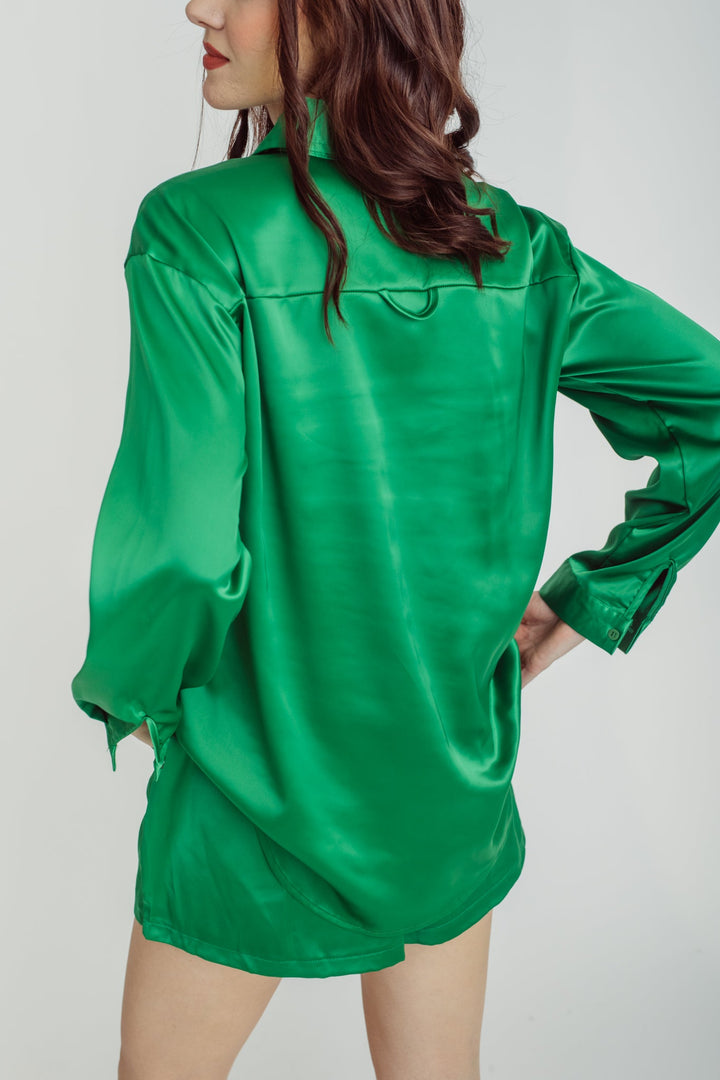 Somi Green Turn Down Collar Buttondown Long Sleeves Top