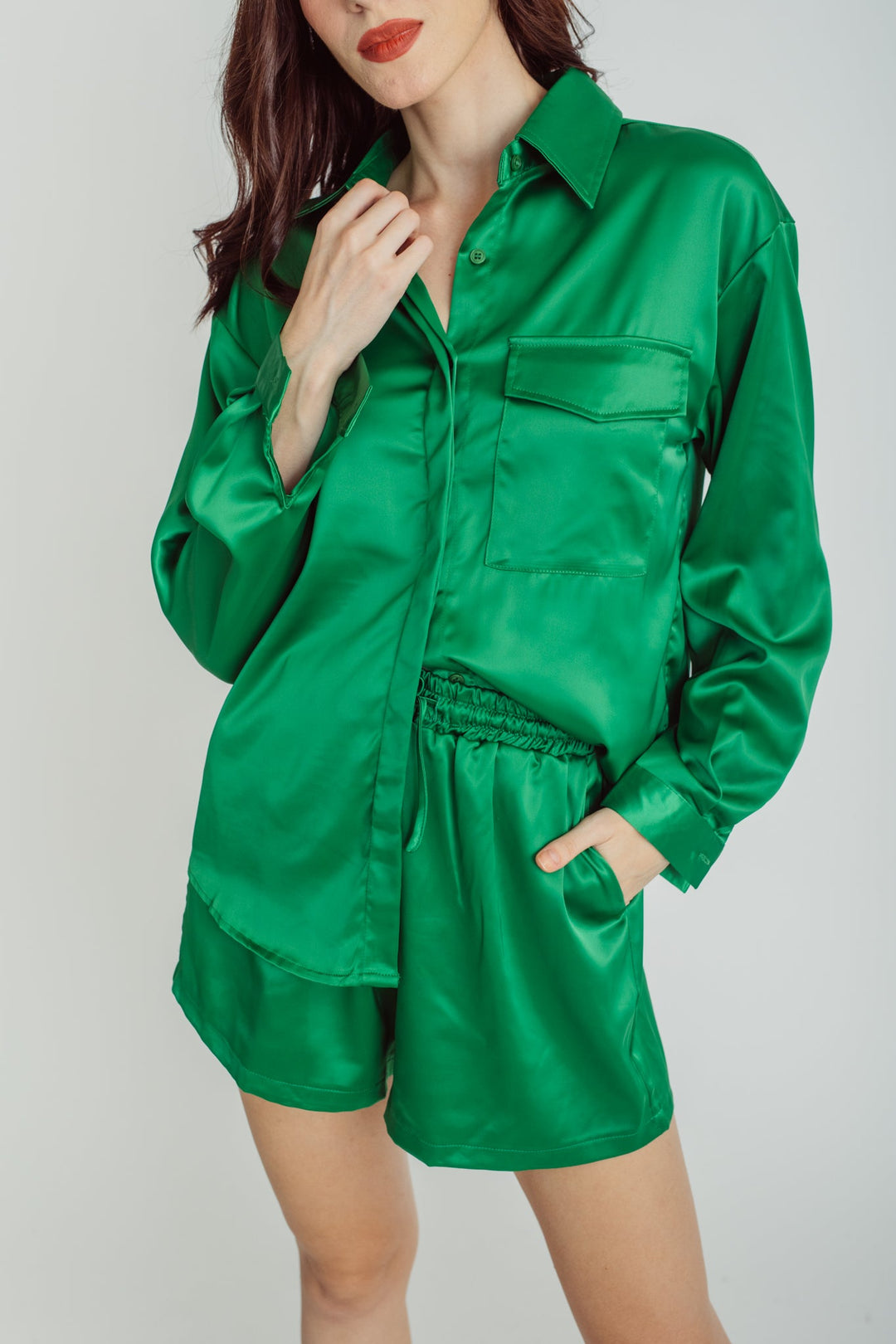 Somi Green Turn Down Collar Buttondown Long Sleeves Top