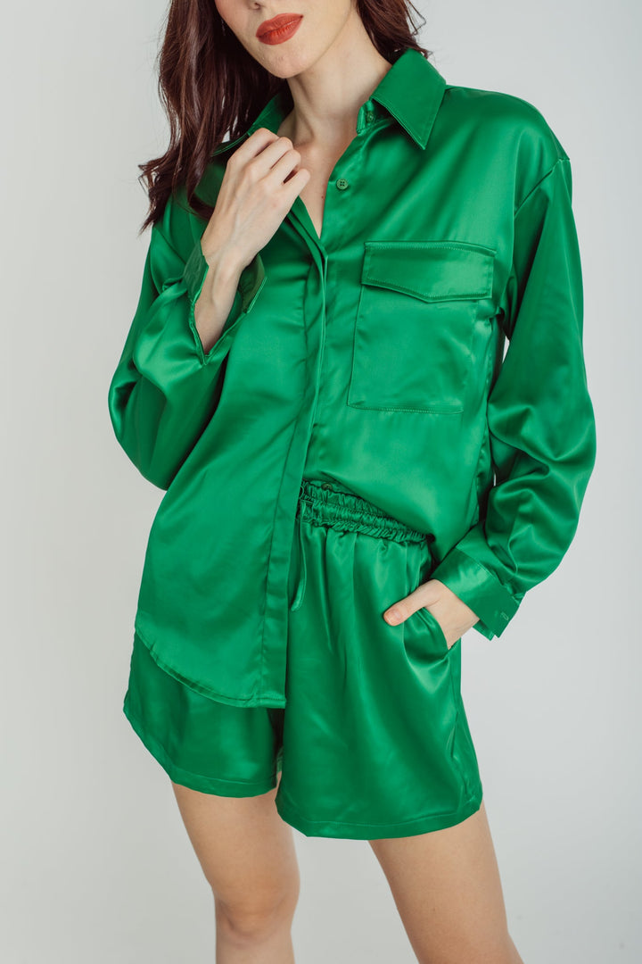 Somi Green Turn Down Collar Buttondown Long Sleeves Top