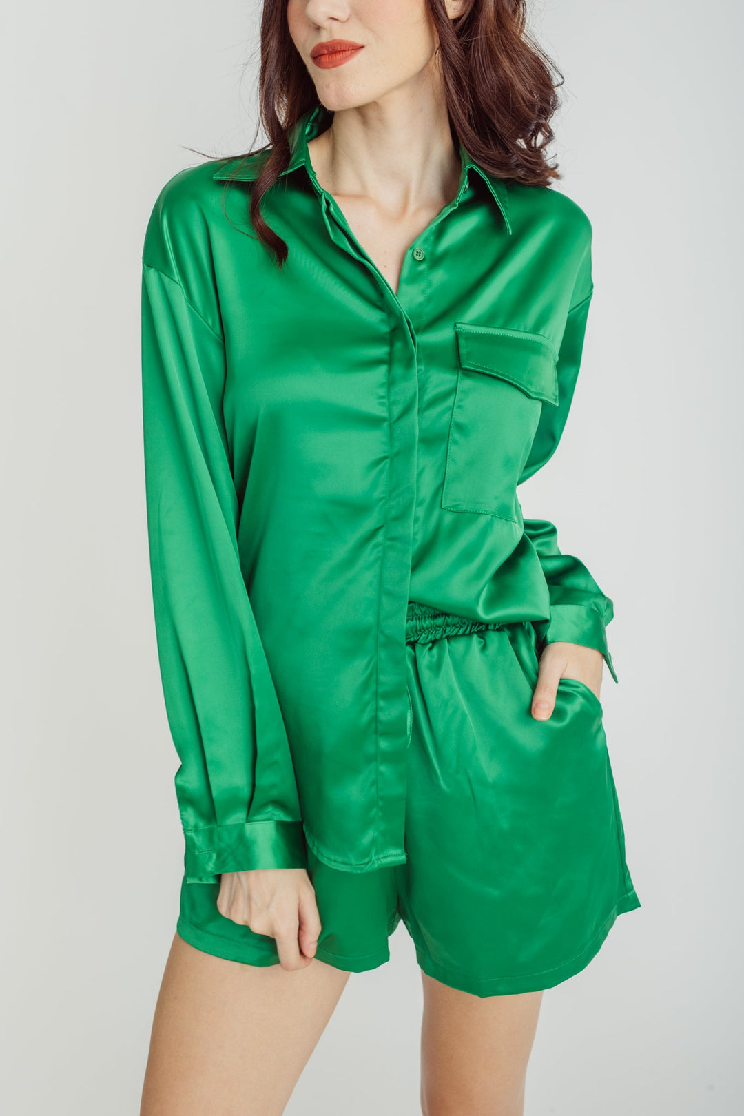 Somi Green Turn Down Collar Buttondown Long Sleeves Top