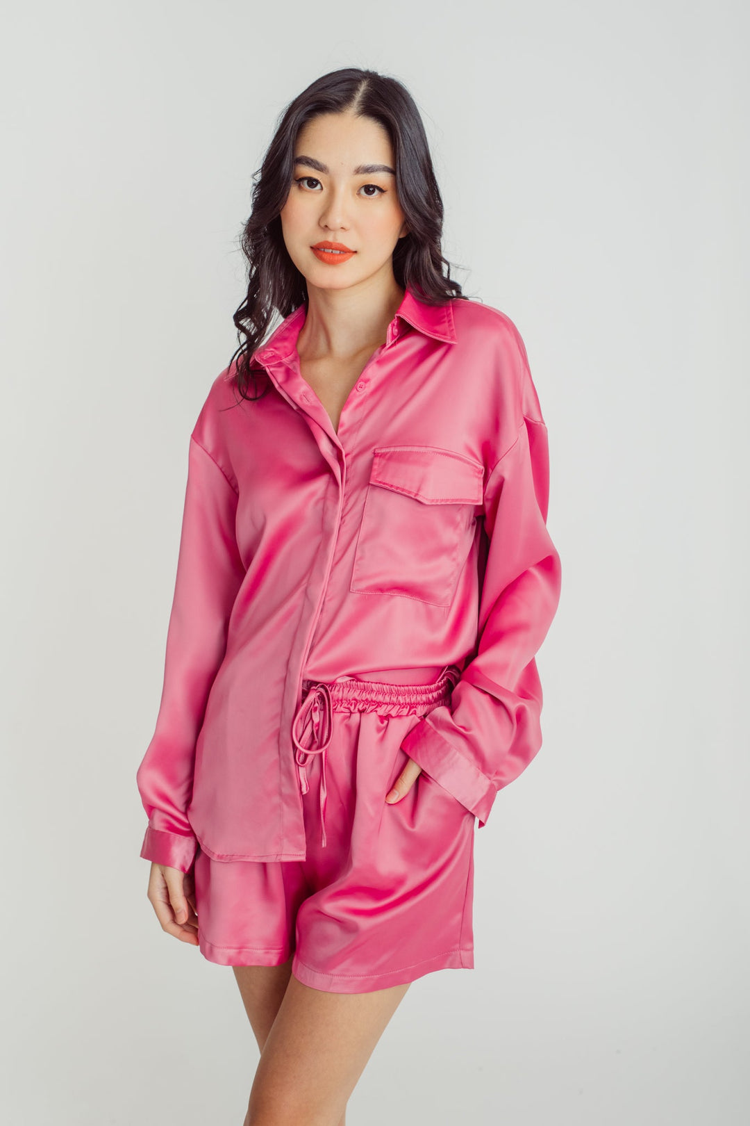 Somi Pink Turn Down Collar Buttondown Long Sleeves Top