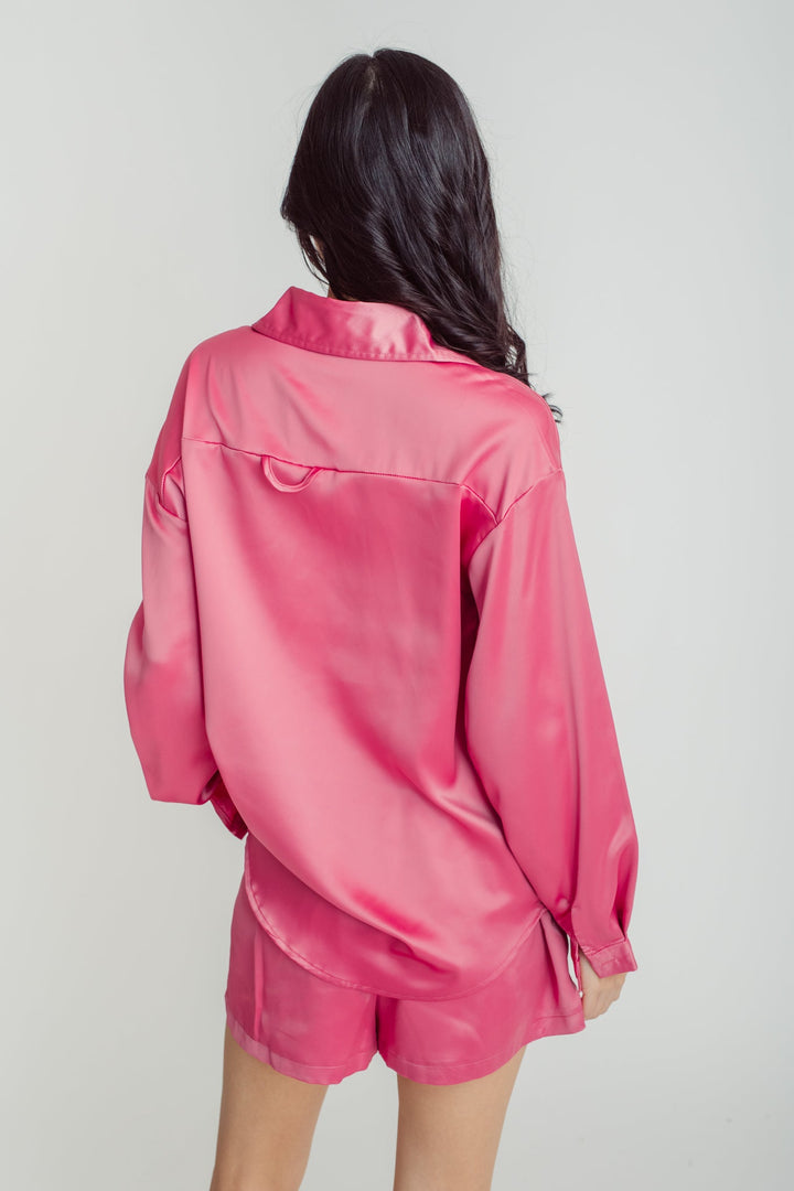 Somi Pink Turn Down Collar Buttondown Long Sleeves Top