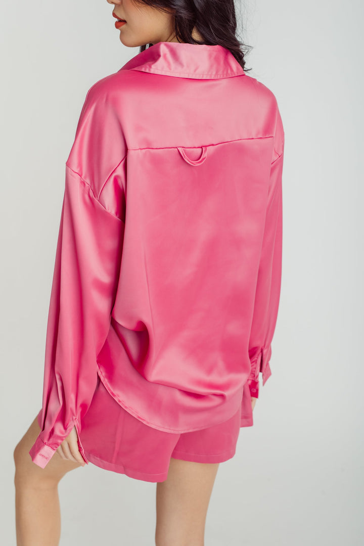 Somi Pink Turn Down Collar Buttondown Long Sleeves Top