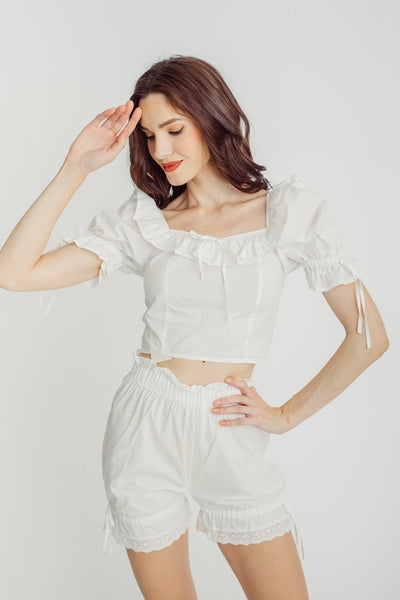 Brianna White Short Sleeves Top and Elastic Waist Shorts Set