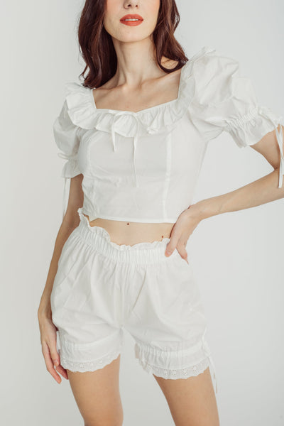 Brianna White Short Sleeves Top and Elastic Waist Shorts Set