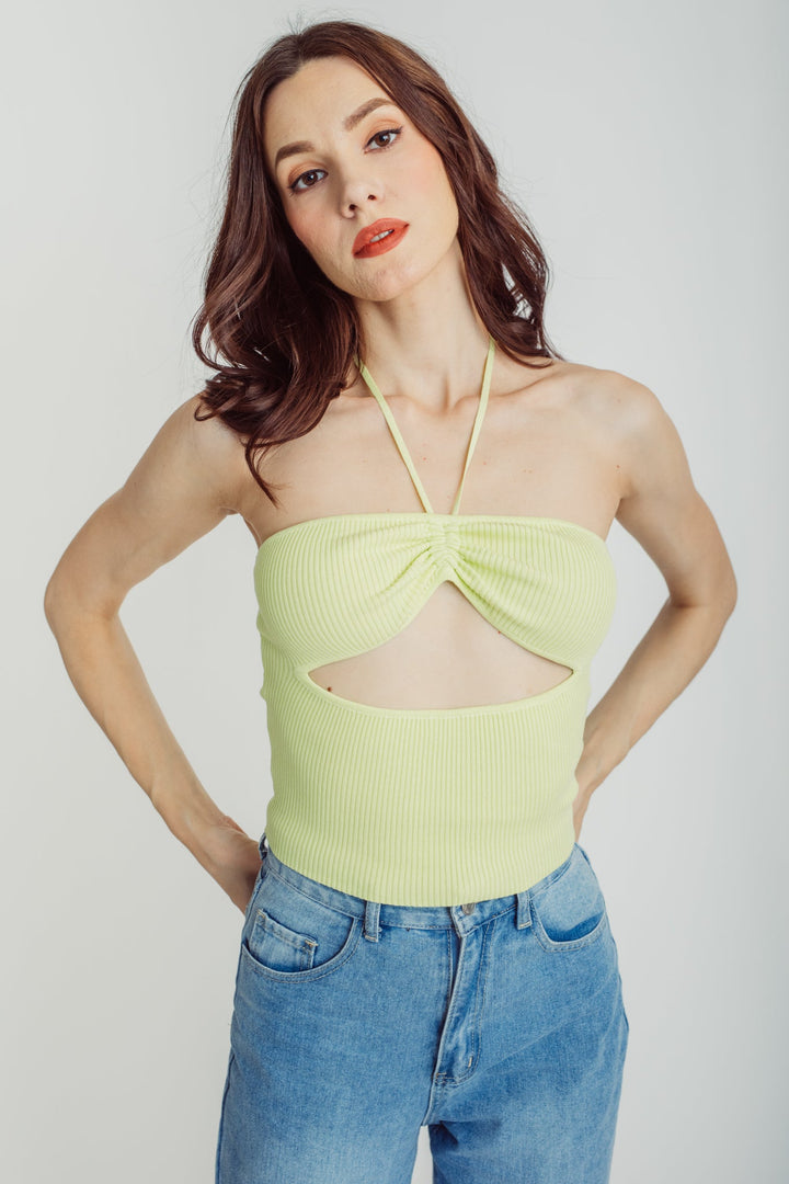 Naegle Lime Knitted Halter Neck Strap Ruched Bust Tube Top