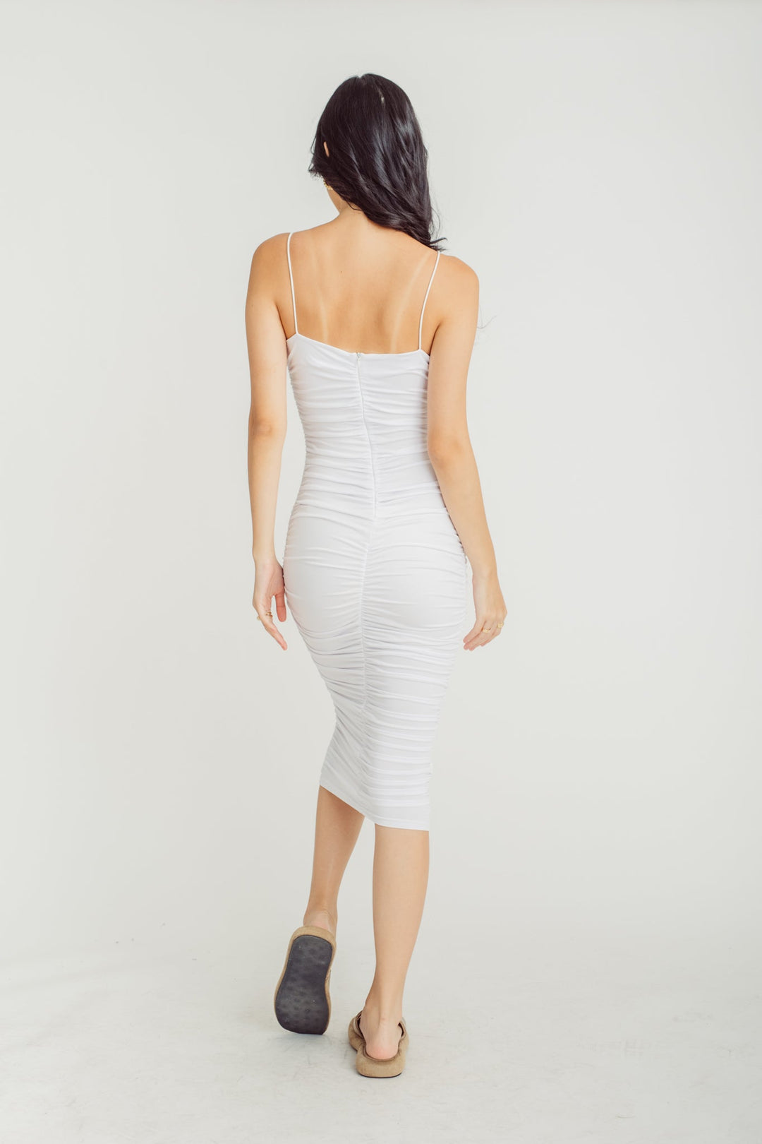 Ivona White Sleeveless Spaghetti Strap Ruched Bodycon Sexy Midi Dress