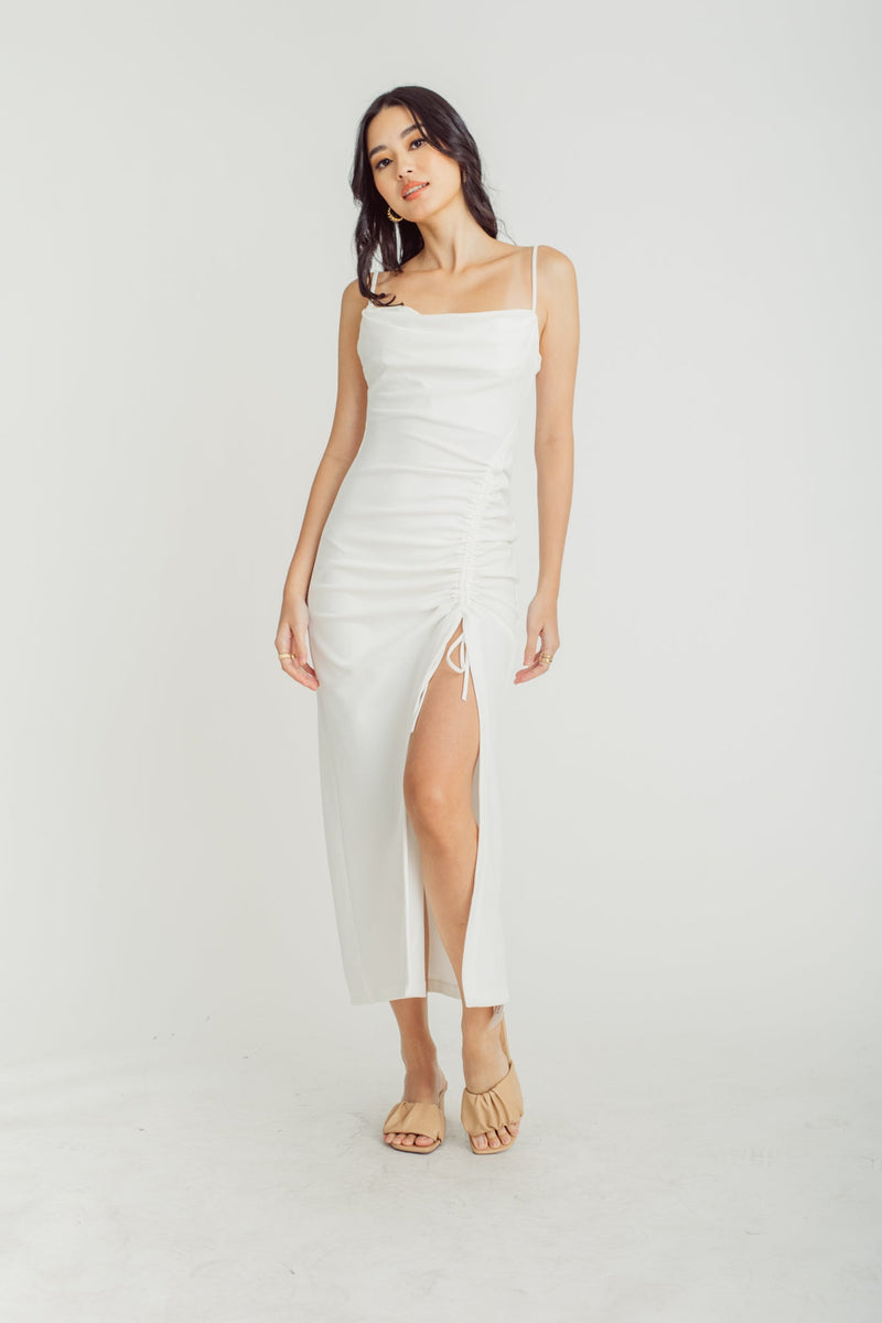 Rycherd White Cowl Neck Sleeveless Ruched Side Mini Dress
