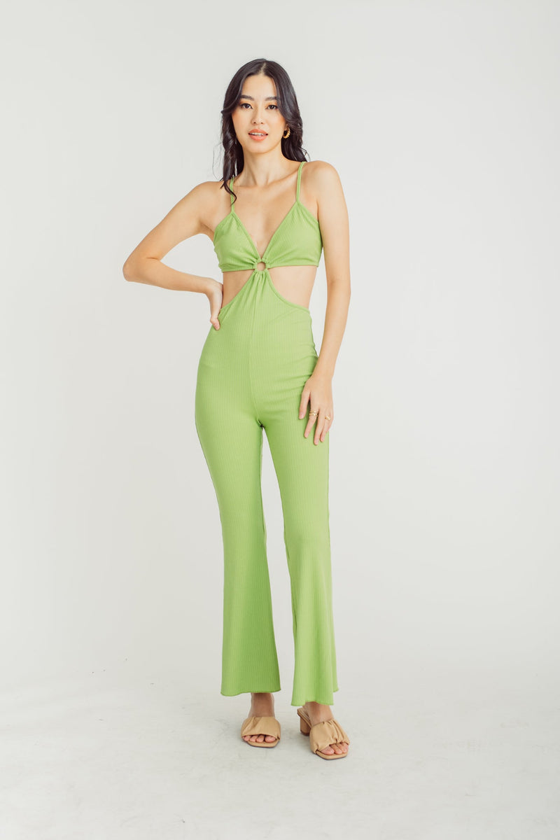 Cheadle Green V Neck Sleeveless Hollow Out Sexy Jumpsuit