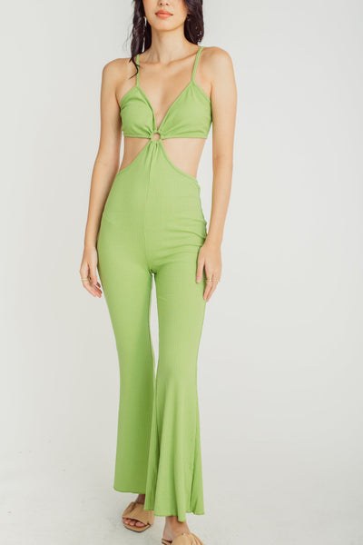 Cheadle Green V Neck Sleeveless Hollow Out Sexy Jumpsuit