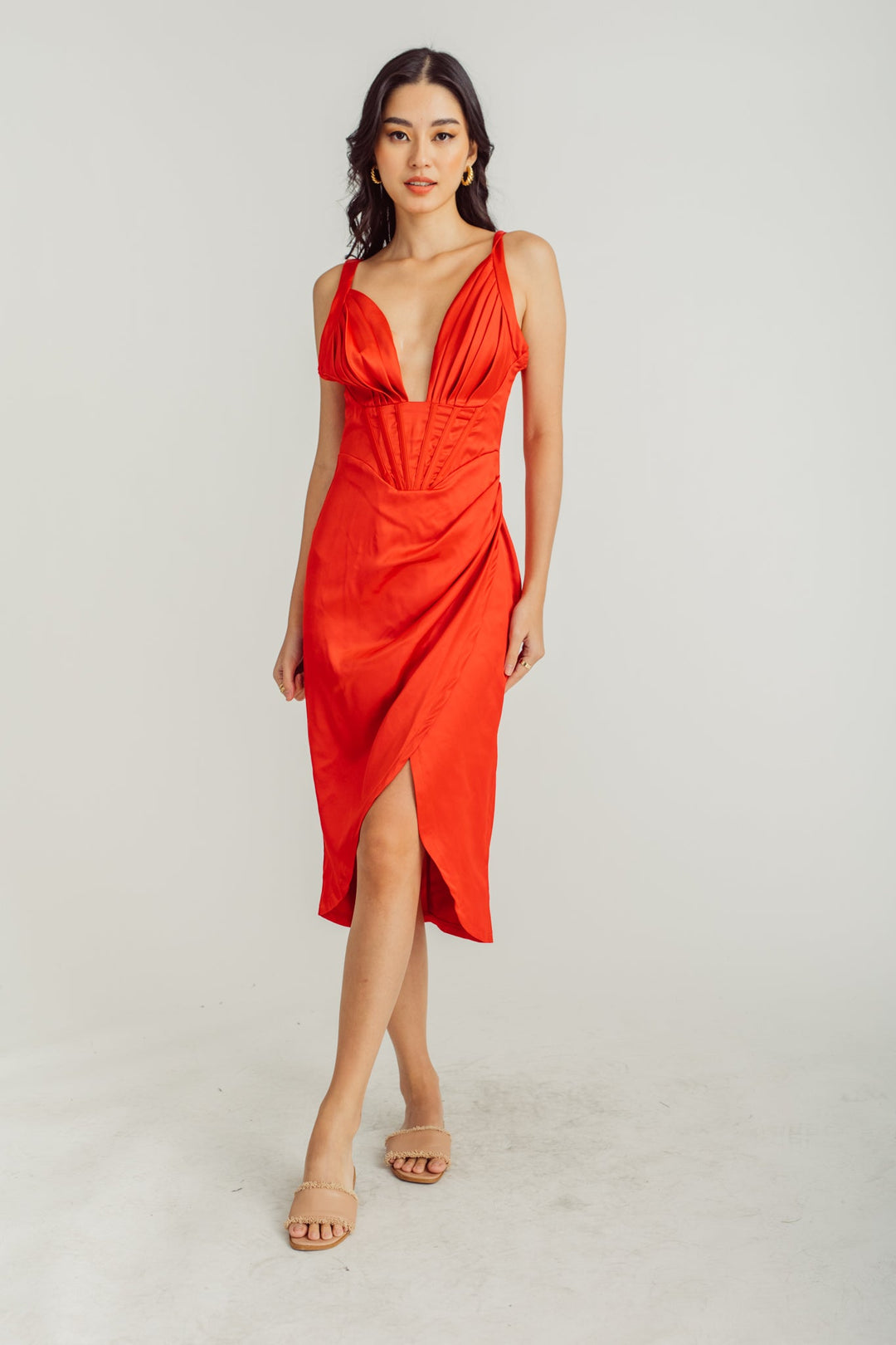 Lyniel Red Deep V Neck Sleeveless Corset Waist Asymmetric Hemline Sexy Midi Dress