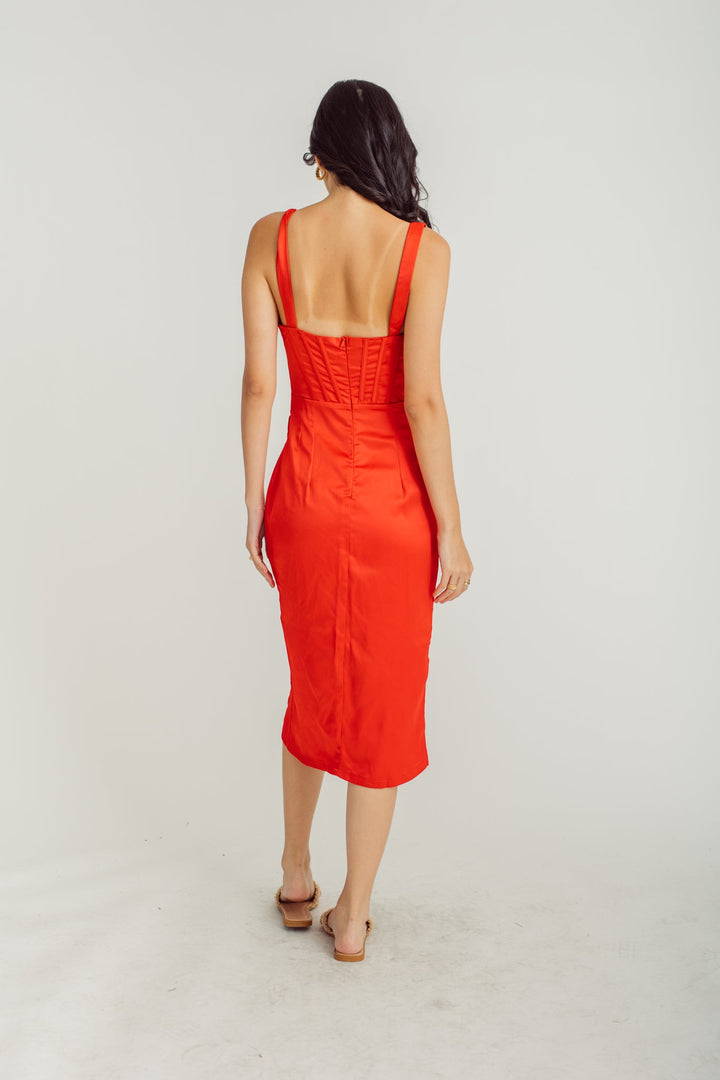Lyniel Red Deep V Neck Sleeveless Corset Waist Asymmetric Hemline Sexy Midi Dress