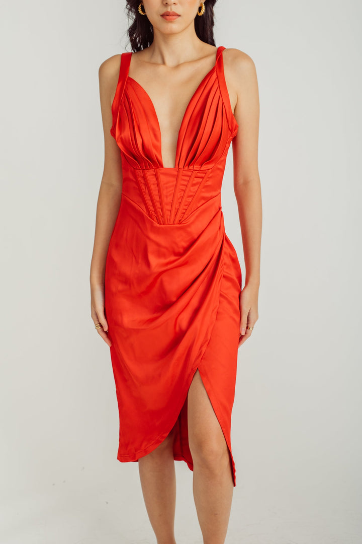 Lyniel Red Deep V Neck Sleeveless Corset Waist Asymmetric Hemline Sexy Midi Dress