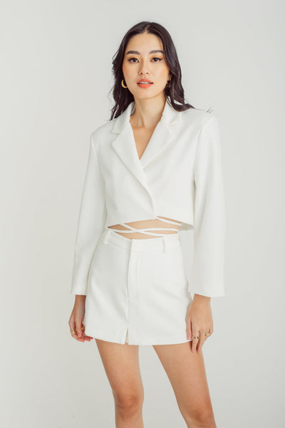 Caitlin White Notched Collar V Neck Long Sleeves Crop Blazer with Waist Tie