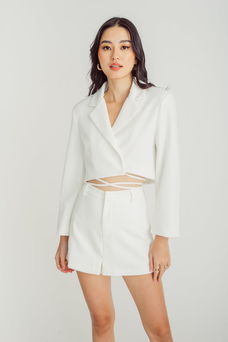 Caitlin White Notched Collar V Neck Long Sleeves Crop Blazer with Waist Tie