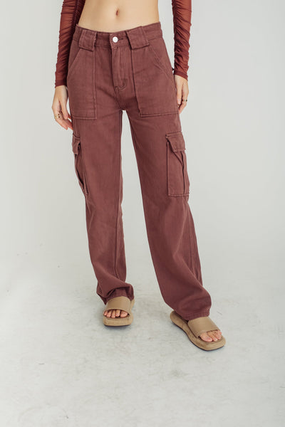 Yagami Dark Brown Zipper Fly Elastic Waist Multi-Pockets Cargo Pants