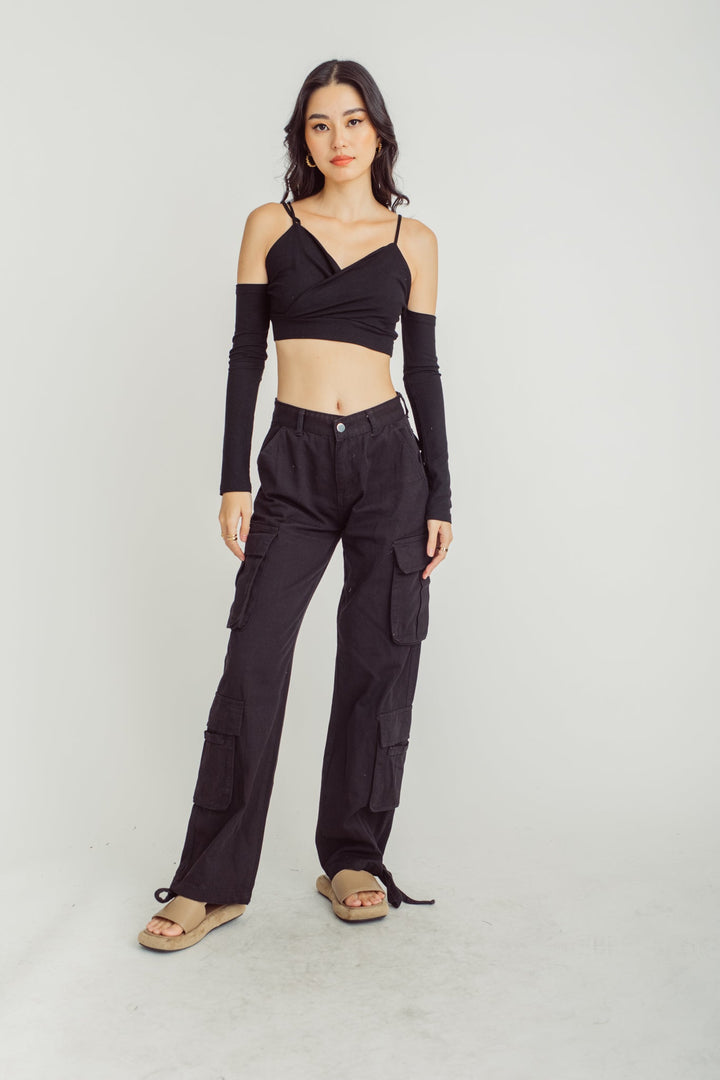 Zeno Black Zipper Fly Multi-Pockets Cargo Pants with Hem Straps
