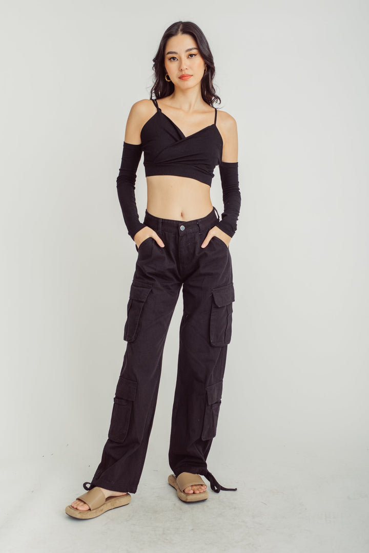 Zeno Black Zipper Fly Multi-Pockets Cargo Pants with Hem Straps