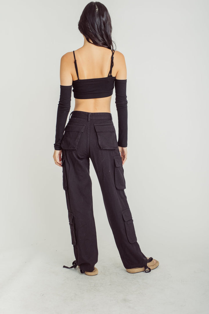 Zeno Black Zipper Fly Multi-Pockets Cargo Pants with Hem Straps
