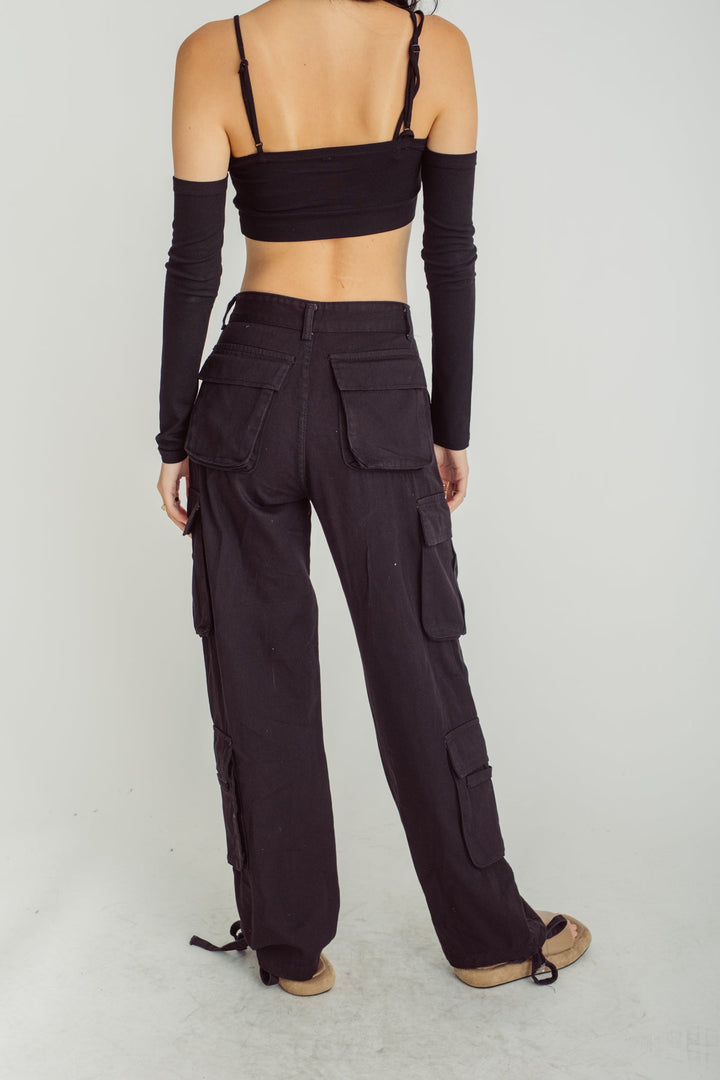 Zeno Black Zipper Fly Multi-Pockets Cargo Pants with Hem Straps