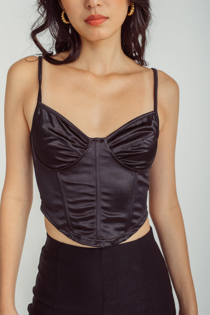 Momo Black Silk Sweetheart Neckline Sleeveless Corset Top