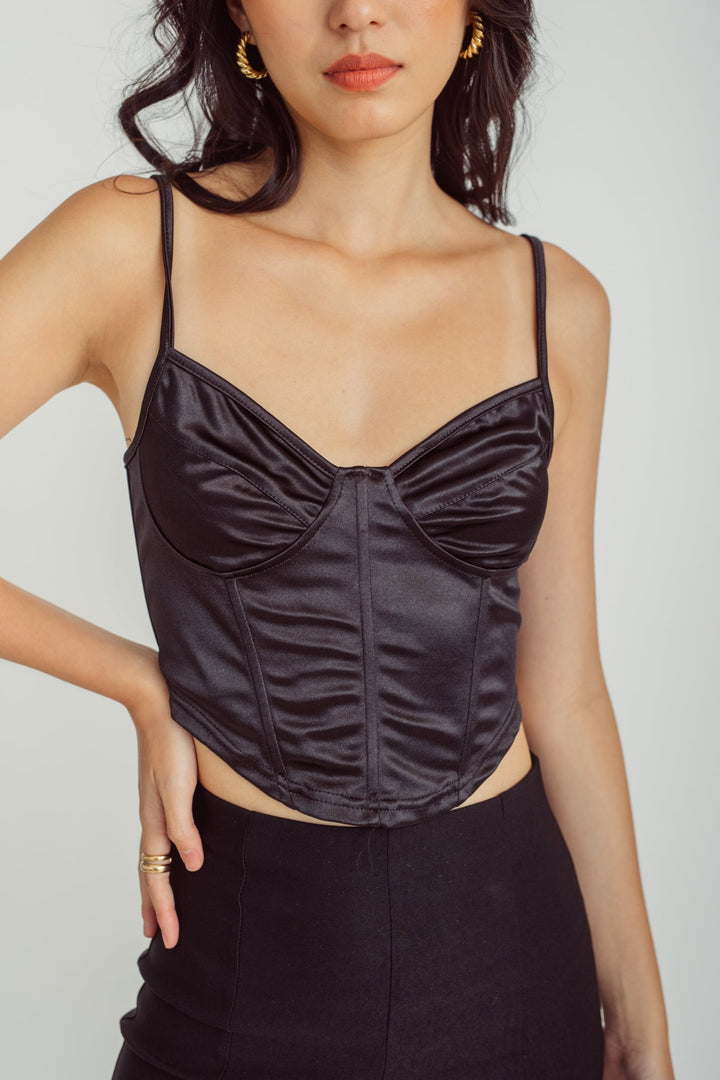 Momo Black Silk Sweetheart Neckline Sleeveless Corset Top