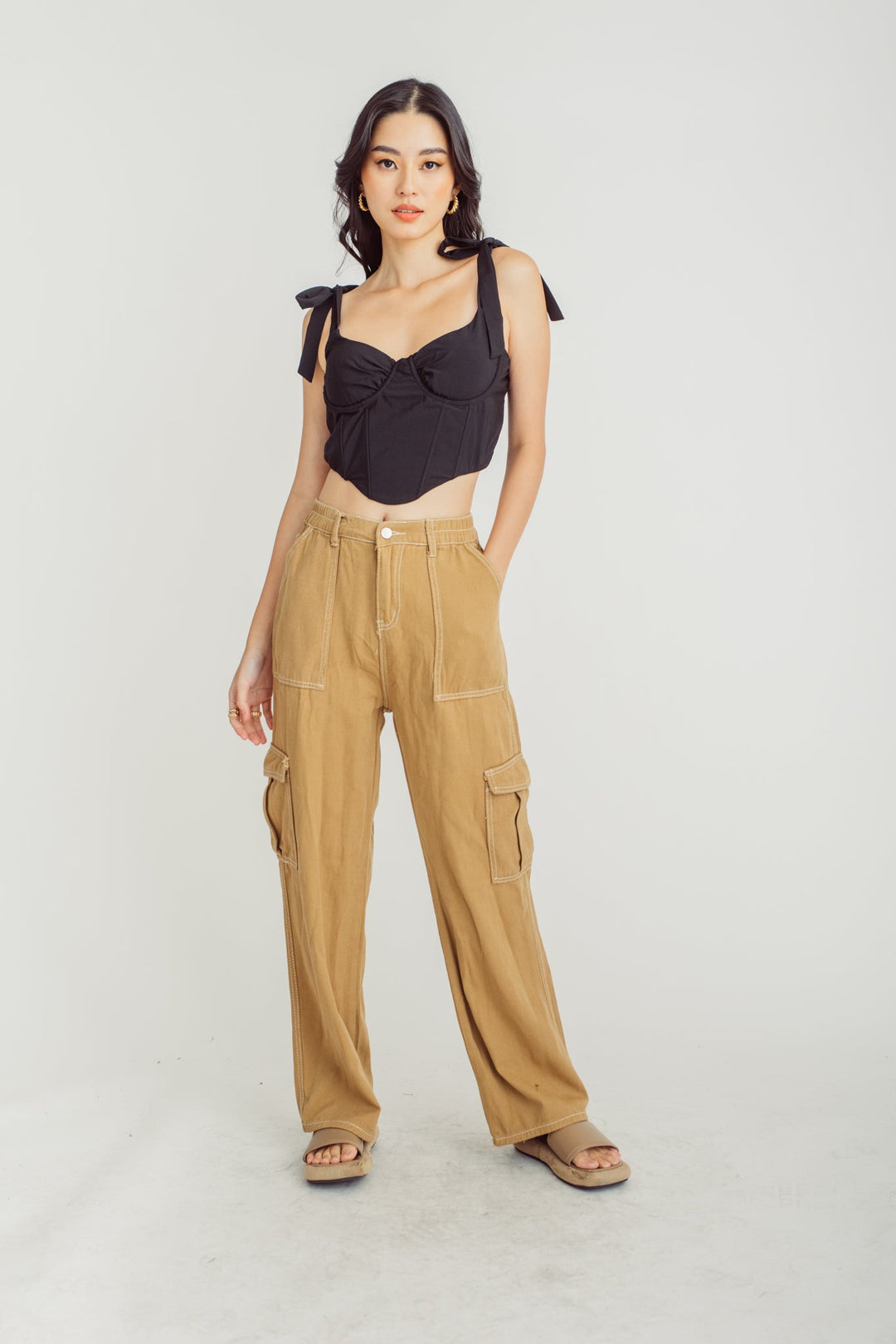 Sasuke Brown Zipper Fly Elastic Waist Multi-Pockets Cargo Pants
