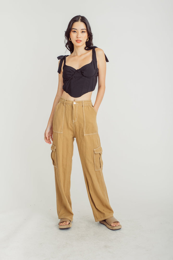 Sasuke Brown Zipper Fly Elastic Waist Multi-Pockets Cargo Pants