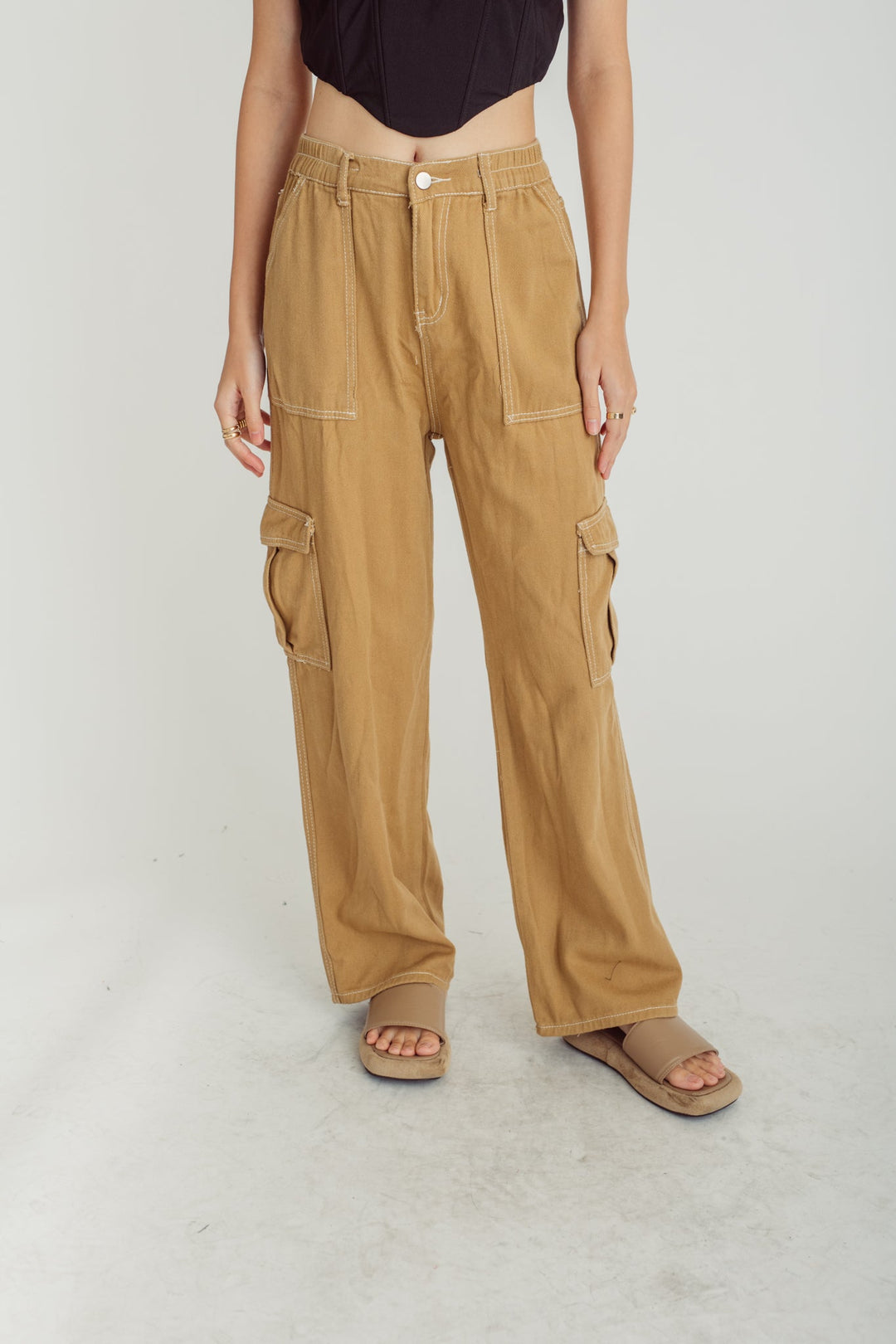Sasuke Brown Zipper Fly Elastic Waist Multi-Pockets Cargo Pants