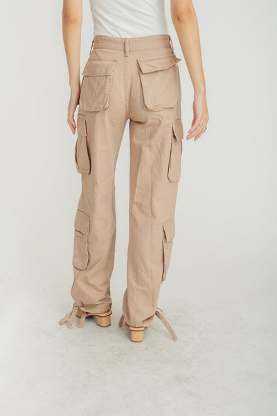 Zeno Khaki Zipper Fly Multi-Pockets Cargo Pants with Hem Straps