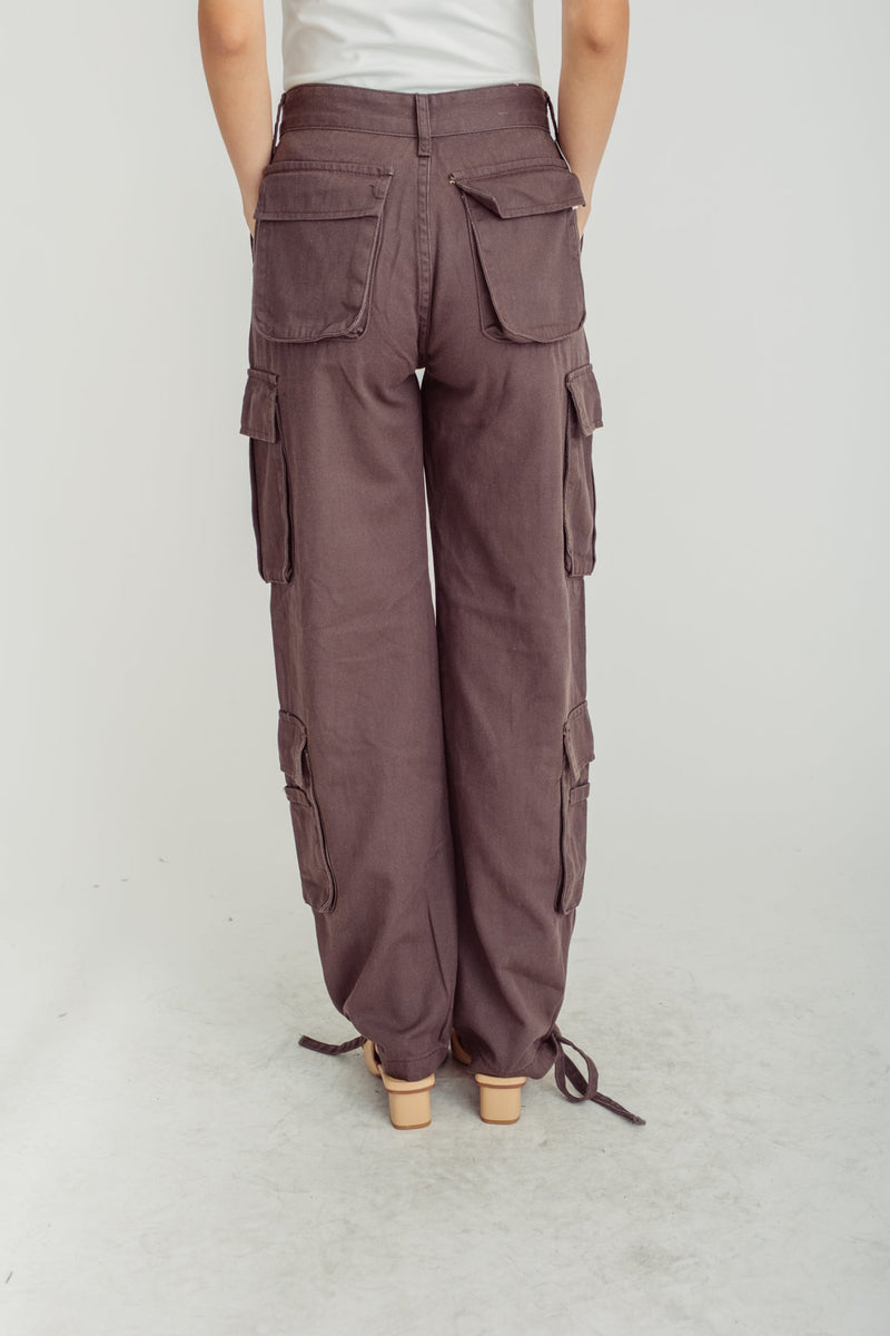 Zeno Dark Brown Zipper Fly Multi-Pockets Cargo Pants with Hem Straps